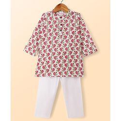 Babyhug Cambric Woven Full Sleeves Kurta Pyjama Set With Floral Print - White