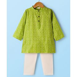 Babyhug Cambric Woven Full Sleeves Kurta Pajama Set with Abstract Print - Green