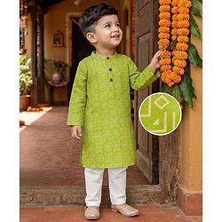 Babyhug Cambric Woven Full Sleeves Kurta Pajama Set with Abstract Print - Green