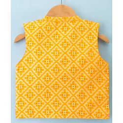 Babyhug Cambric Woven Full Sleeves Kurta Pajama Set with Jacket & Motif Print - Yellow & White