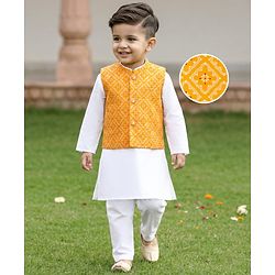 Babyhug Cambric Woven Full Sleeves Kurta Pajama Set with Jacket & Motif Print - Yellow & White