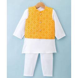 Babyhug Cambric Woven Full Sleeves Kurta Pajama Set with Jacket & Motif Print - Yellow & White