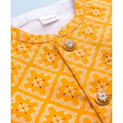 Babyhug Cambric Woven Full Sleeves Kurta Pajama Set with Jacket & Motif Print - Yellow & White