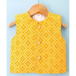 Babyhug Cambric Woven Full Sleeves Kurta Pajama Set with Jacket & Motif Print - Yellow & White