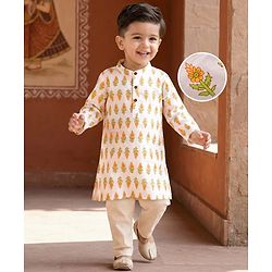 Babyhug Cambric Woven Full Sleeves Kurta Pajama Set with Floral Print - White