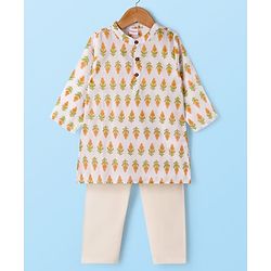 Babyhug Cambric Woven Full Sleeves Kurta Pajama Set with Floral Print - White
