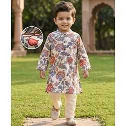 Babyhug Cambric Woven Full Sleeves Kurta Dhoti Set with Floral Print - Off White