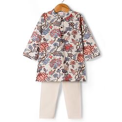 Babyhug Cambric Woven Full Sleeves Kurta Dhoti Set with Floral Print - Off White