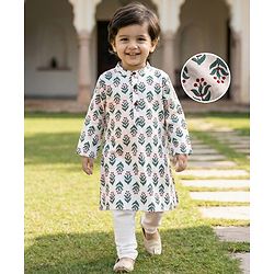 Babyhug Cambric Woven Full Sleeves Kurta Pajama Set with Floral Print - White