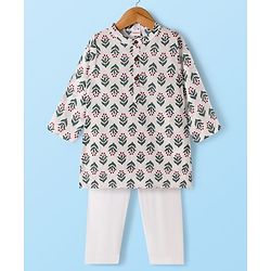 Babyhug Cambric Woven Full Sleeves Kurta Pajama Set with Floral Print - White