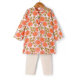 Babyhug Cambric Woven Full Sleeves Kurta Dhoti Set with Floral Print - Off White