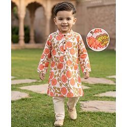 Babyhug Cambric Woven Full Sleeves Kurta Dhoti Set with Floral Print - Off White