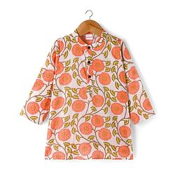 Babyhug Cambric Woven Full Sleeves Kurta Dhoti Set with Floral Print - Off White