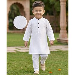 Babyhug Cambric Woven Full Sleeves Imbossed Printed Kurta Pajama Set - White