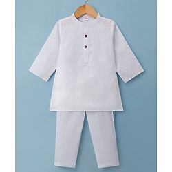 Babyhug Cambric Woven Full Sleeves Imbossed Printed Kurta Pajama Set - White
