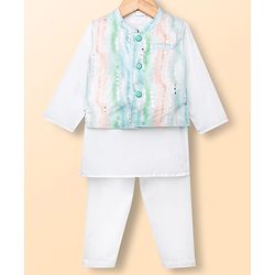 Babyhug Cambric Woven Full Sleeves Kurta Pyjama Set With Printed Nehru Jacket - White