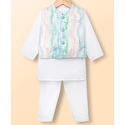 Babyhug Cambric Woven Full Sleeves Kurta Pyjama Set With Printed Nehru Jacket - White