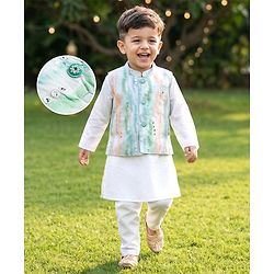 Babyhug Cambric Woven Full Sleeves Kurta Pyjama Set With Printed Nehru Jacket - White