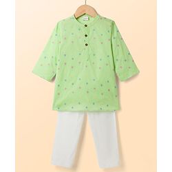 Babyhug 100% Cotton Woven  Cambric Full Sleeves Floral Embroidered Kurta Pyjama Set - Light Green