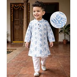 Babyhug Cambric Woven Full Sleeves Embroidered Kurta & Pyjama Set - White