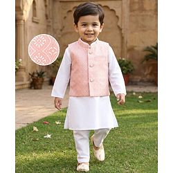 Babyhug 100% Cotton Cambric Woven Full Sleeves Kurta Pajama Set with Jacket & Motif Print- Pink & White