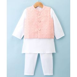 Babyhug 100% Cotton Cambric Woven Full Sleeves Kurta Pajama Set with Jacket & Motif Print- Pink & White