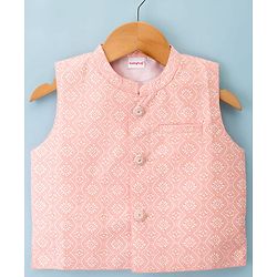 Babyhug 100% Cotton Cambric Woven Full Sleeves Kurta Pajama Set with Jacket & Motif Print- Pink & White