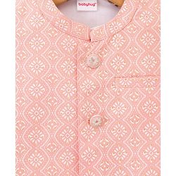 Babyhug 100% Cotton Cambric Woven Full Sleeves Kurta Pajama Set with Jacket & Motif Print- Pink & White