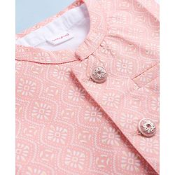 Babyhug 100% Cotton Cambric Woven Full Sleeves Kurta Pajama Set with Jacket & Motif Print- Pink & White
