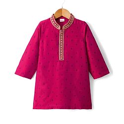 Babyhug Woven Full Sleeves Dobby Kurta Pajama Set with Embroidery - Fuchsia