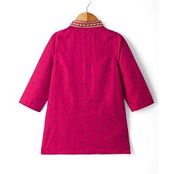Babyhug Woven Full Sleeves Dobby Kurta Pajama Set with Embroidery - Fuchsia