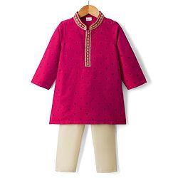 Babyhug Woven Full Sleeves Dobby Kurta Pajama Set with Embroidery - Fuchsia