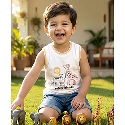 Babyhug 100% Cotton Knit Sleeveless T-Shirt With Animal Print - White