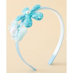 Babyhug Free Size Hair Band With Bow & Sequinned Floral Applique -Light Blue