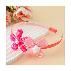 Babyhug Free Size Hair Band With Bow & Sequinned Floral Applique -Light Blue