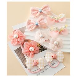 Babyhug Free Size Bow & Butterfly Hair Clips & Rubber Bands Pack of 10- Light Pink