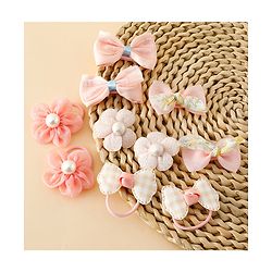 Babyhug Free Size Bow & Butterfly Hair Clips & Rubber Bands Pack of 10- Light Pink
