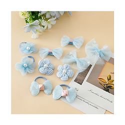 Babyhug Free Size Bow & Butterfly Hair Clips & Rubber Bands Pack of 10- Light Blue