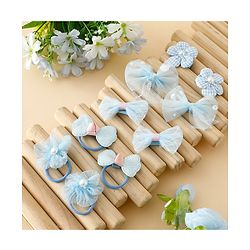 Babyhug Free Size Bow & Butterfly Hair Clips & Rubber Bands Pack of 10- Light Blue