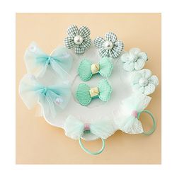 Babyhug Free Size Bow & Butterfly Clips & Rubber Pack of 10- Light Green.