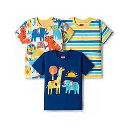 Babyhug Cotton Knit Half Sleeves T-Shirts with Stripes & Animal Graphics Pack of 3 - Multi Color