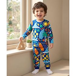Babyhug Cotton Knit Full Sleeves T-Shirt & Lounge Pant Co-ords Night Suit With Tropical Theme Print - Navy Blue
