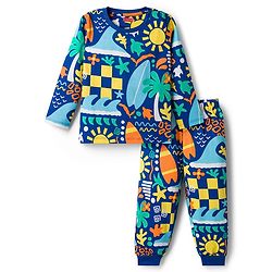 Babyhug Cotton Knit Full Sleeves T-Shirt & Lounge Pant Co-ords Night Suit With Tropical Theme Print - Navy Blue