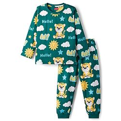 Babyhug Cotton Knit Full Sleeves Tiger Printed Co-Ords Pyjama Night Suit - Green