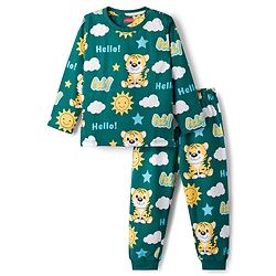 Babyhug Cotton Knit Full Sleeves Tiger Printed Co-Ords Pyjama Night Suit - Green