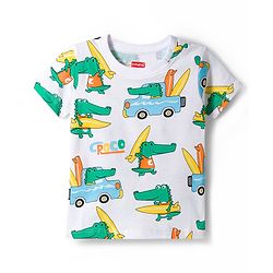 Babyhug Cotton Knit Half Sleeves T-Shirts with Stripes & Croc in Car Graphics Pack of 3 - Yellow Light Blue & White