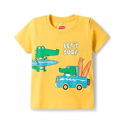 Babyhug Cotton Knit Half Sleeves T-Shirts with Stripes & Croc in Car Graphics Pack of 3 - Yellow Light Blue & White