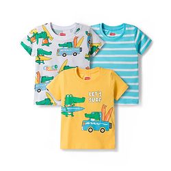 Babyhug Cotton Knit Half Sleeves T-Shirts with Stripes & Croc in Car Graphics Pack of 3 - Yellow Light Blue & White