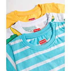 Babyhug Cotton Knit Half Sleeves T-Shirts with Stripes & Croc in Car Graphics Pack of 3 - Yellow Light Blue & White