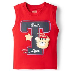 Babyhug Cotton Knit Sleeveless Tank T-Shirt with Tiger Applique - Red